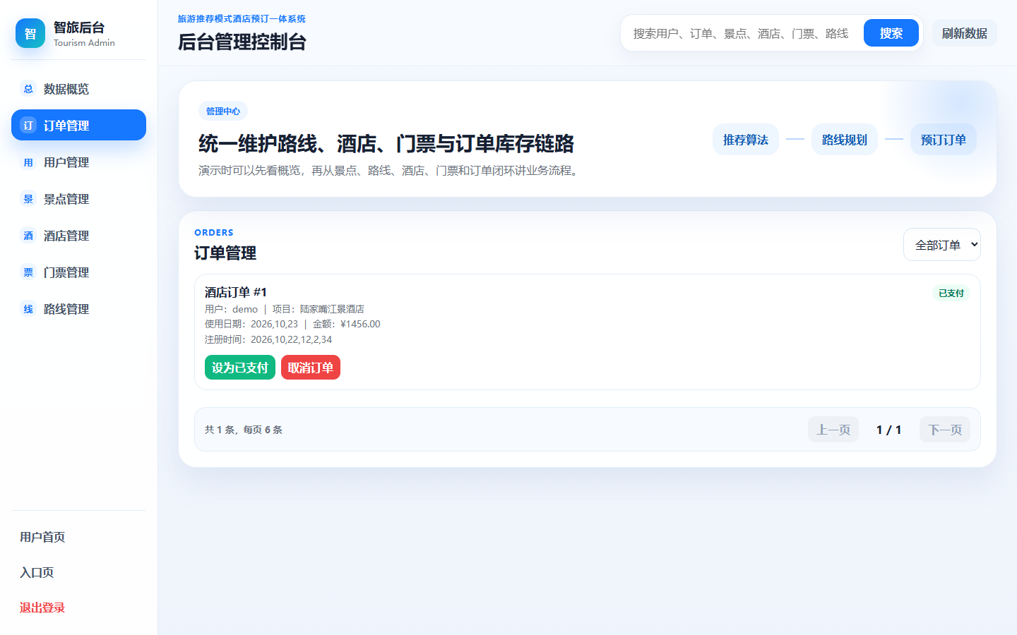 图 6 后台订单管理查询到同一笔已支付酒店订单 #1